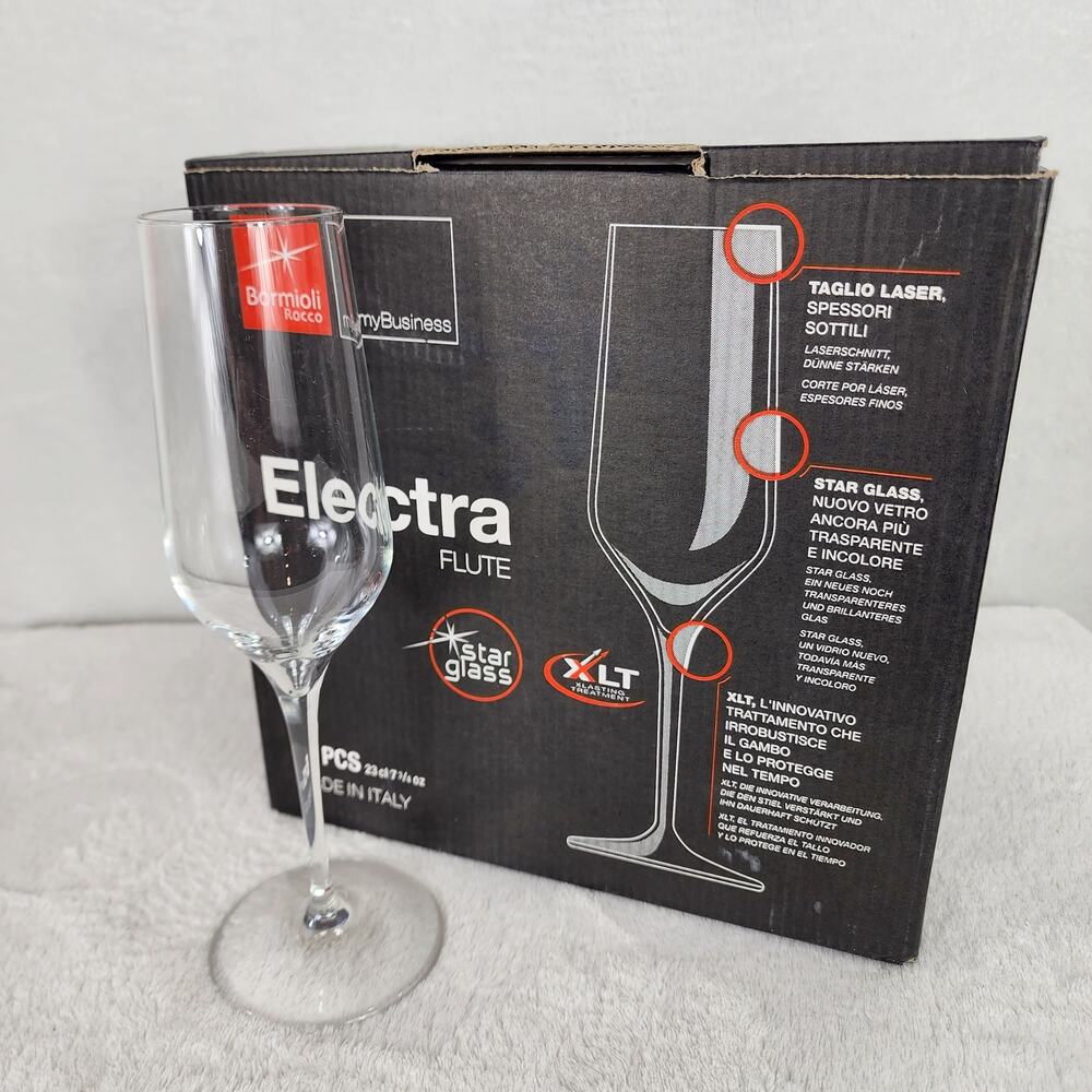 New 6 Bormioli Rocco Electra Italian Star Glass Champagne Flutes 7.75 oz Italy